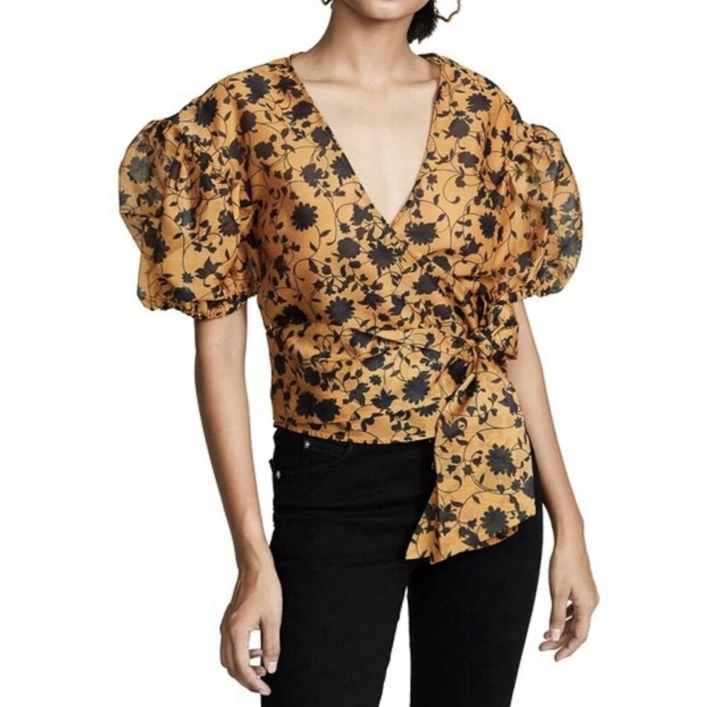 NWOT C/MEO Collective Love Hate Puff Sleeve Floral Wrap Top Blouse Small